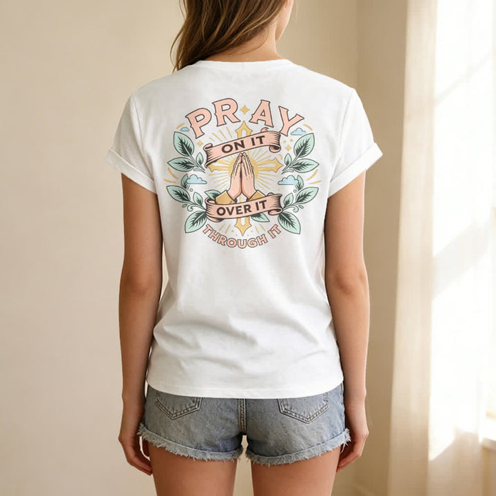 Christianartworkshop Camiseta de mujer con cuello en V y manga enrollada con nudo lateral "Pray On It" - image 10