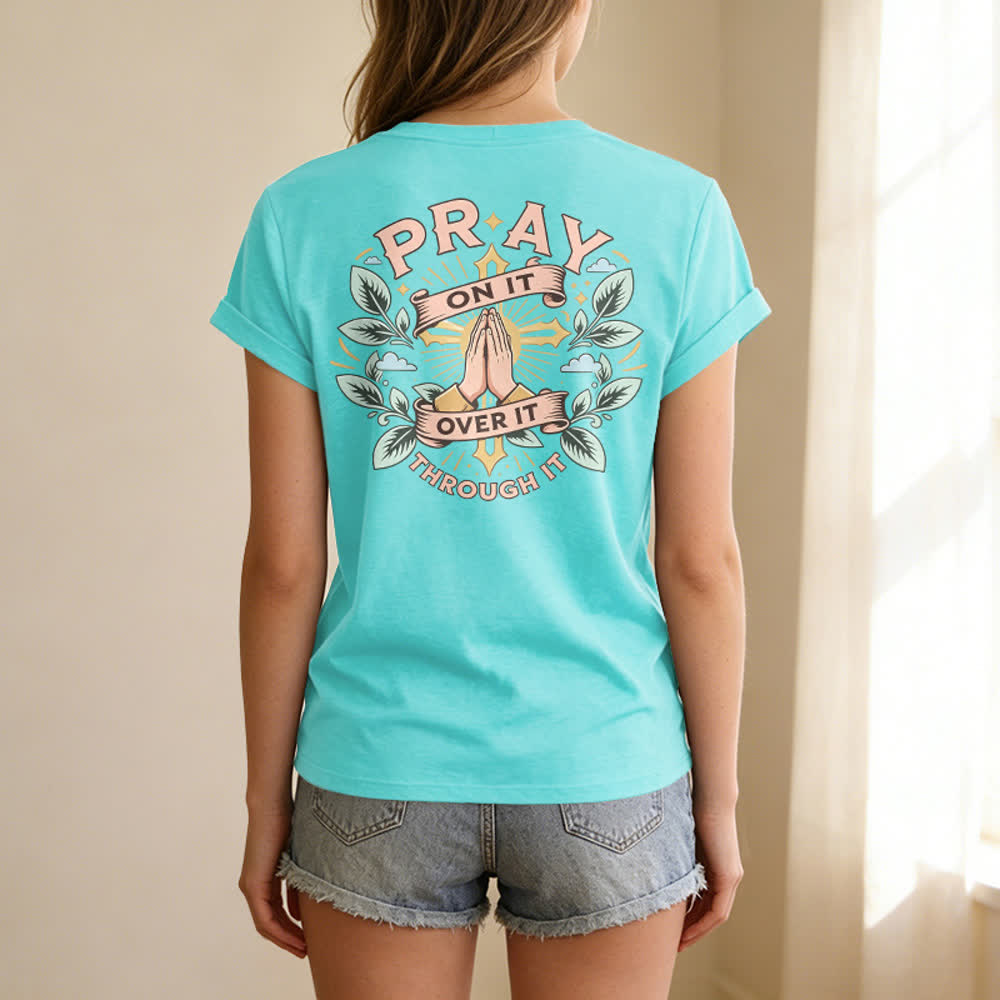 Christianartworkshop Camiseta de mujer con cuello en V y manga enrollada con nudo lateral "Pray On It" - image 22