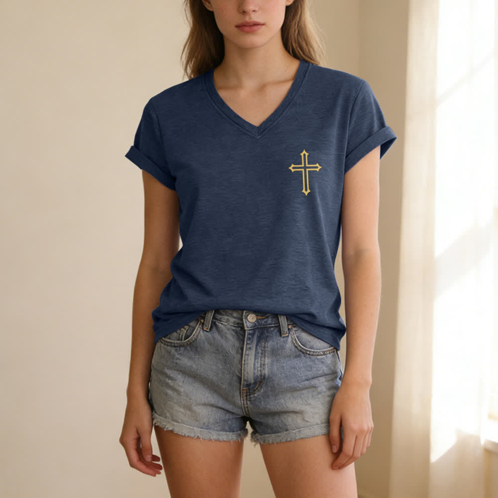 Christianartworkshop Camiseta de mujer con cuello en V y manga enrollada con nudo lateral "Pray On It" - image 41
