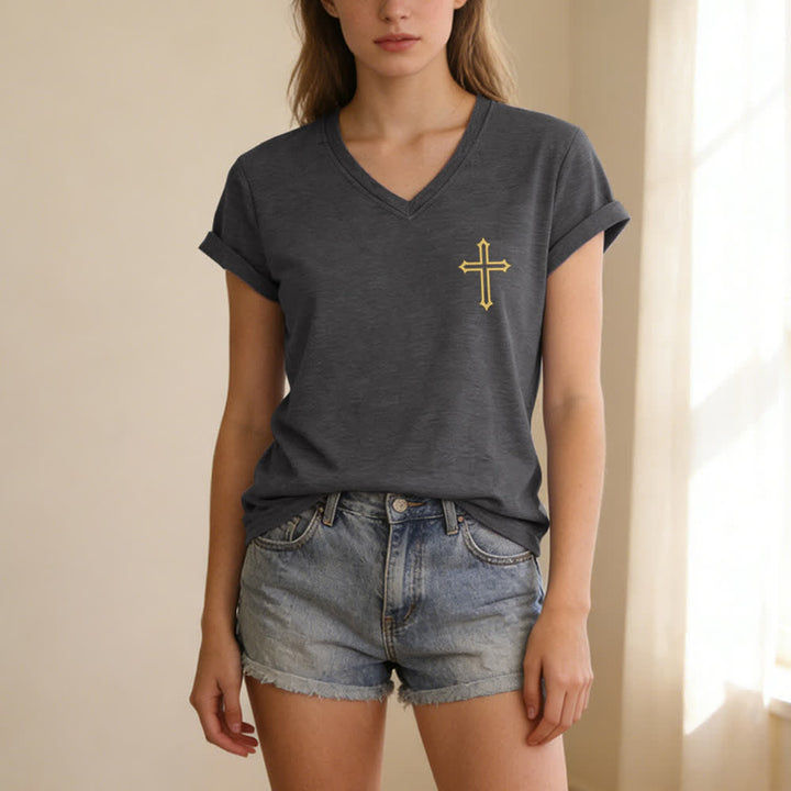 Christianartworkshop Camiseta de mujer con cuello en V y manga enrollada con nudo lateral "Pray On It" - image 35