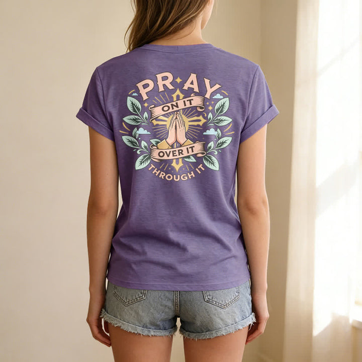 Christianartworkshop Camiseta de mujer con cuello en V y manga enrollada con nudo lateral "Pray On It" - image 58