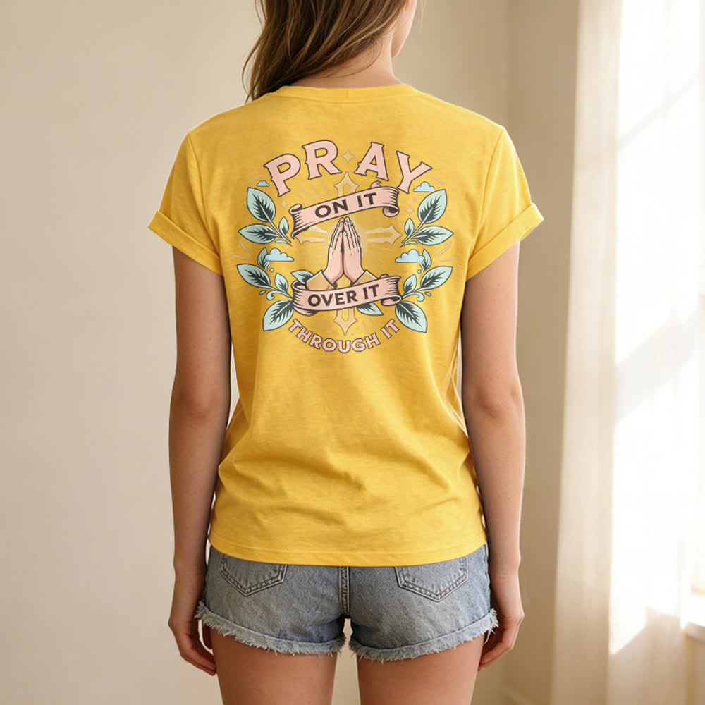 Christianartworkshop Camiseta de mujer con cuello en V y manga enrollada con nudo lateral "Pray On It" - image 46