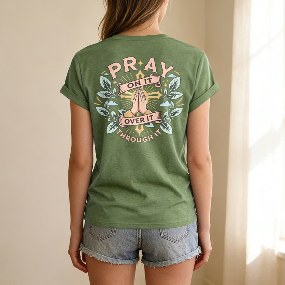 Christianartworkshop Camiseta de mujer con cuello en V y manga enrollada con nudo lateral "Pray On It" - image 64