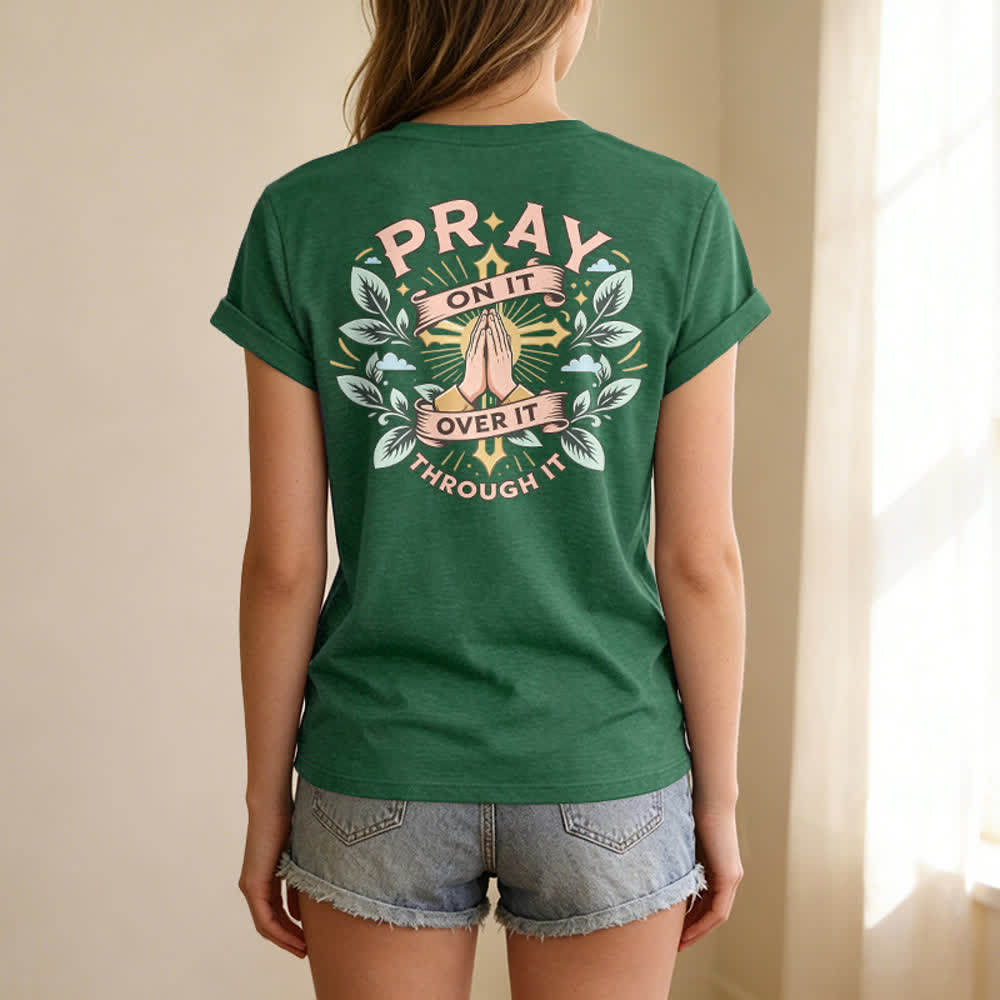 Christianartworkshop Camiseta de mujer con cuello en V y manga enrollada con nudo lateral "Pray On It" - image 52