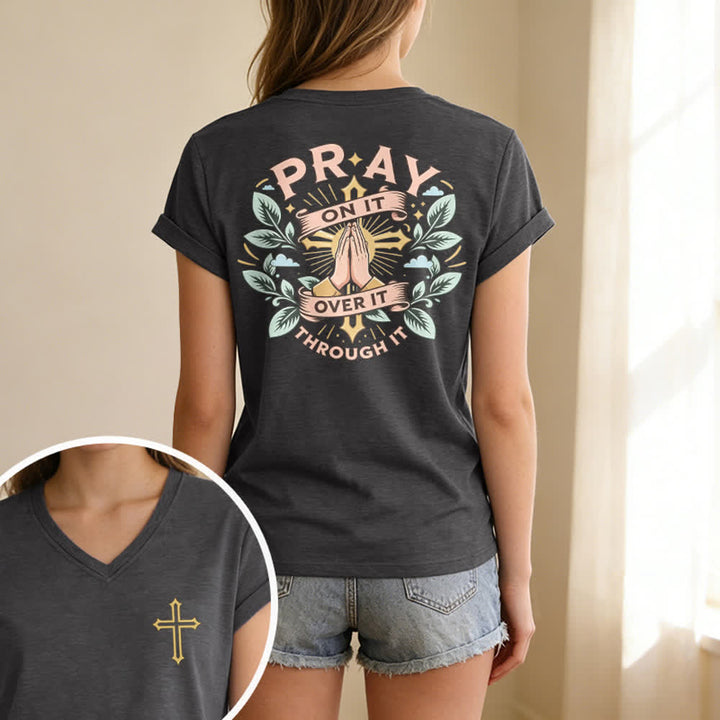 Christianartworkshop Camiseta de mujer con cuello en V y manga enrollada con nudo lateral "Pray On It" - image 33