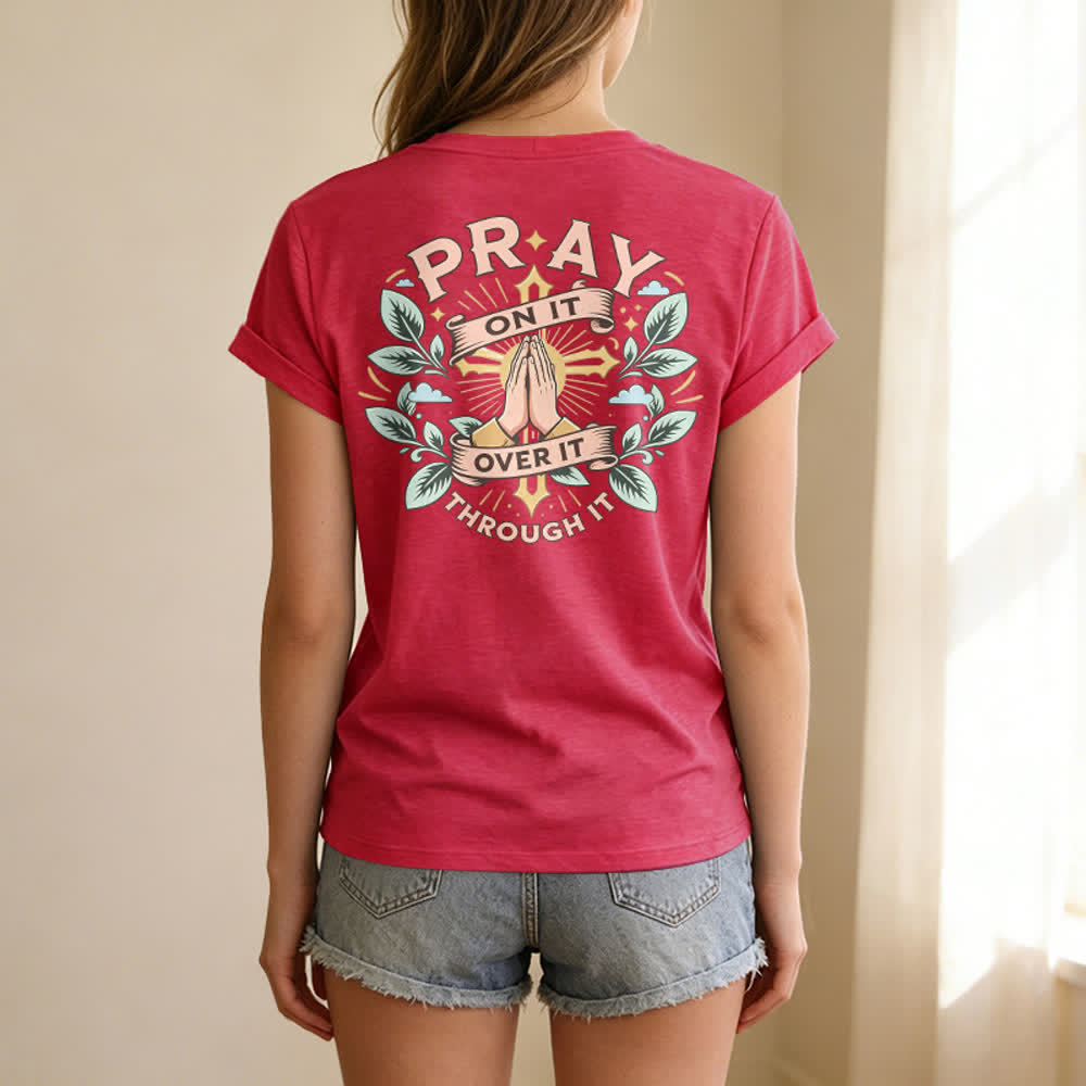 Christianartworkshop Camiseta de mujer con cuello en V y manga enrollada con nudo lateral "Pray On It" - image 70