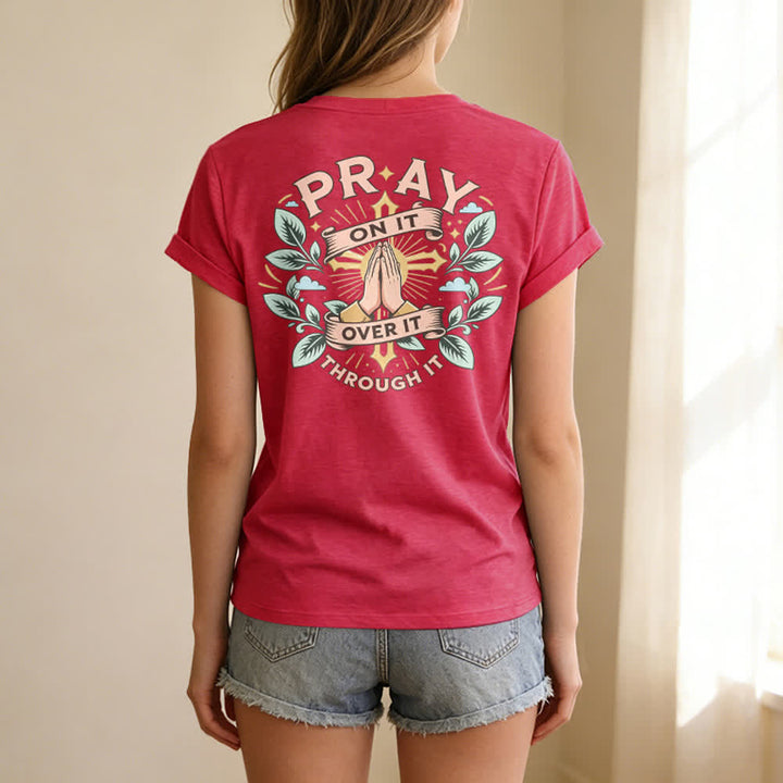 Christianartworkshop Camiseta de mujer con cuello en V y manga enrollada con nudo lateral "Pray On It" - image 70