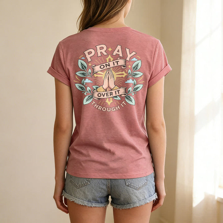 Christianartworkshop Camiseta de mujer con cuello en V y manga enrollada con nudo lateral "Pray On It" - image 28