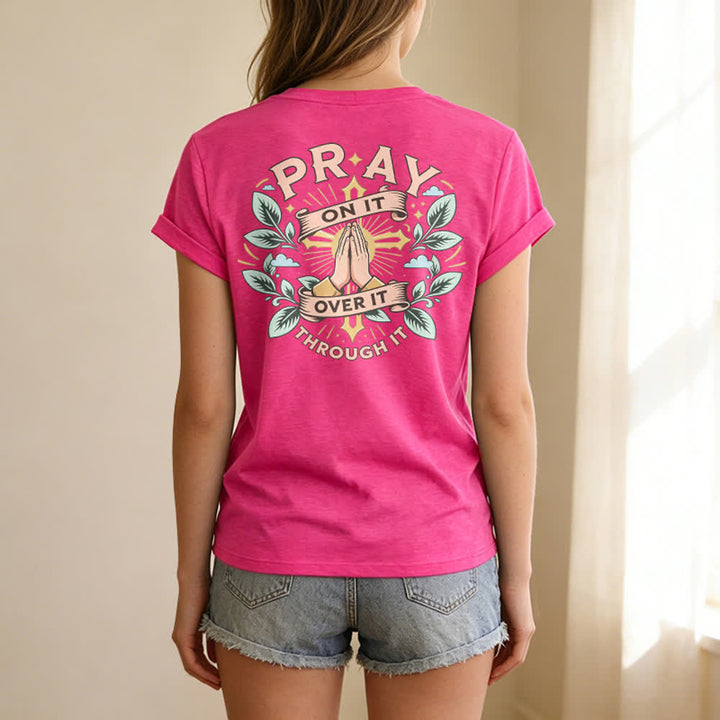 Christianartworkshop Camiseta de mujer con cuello en V y manga enrollada con nudo lateral "Pray On It" - image 76