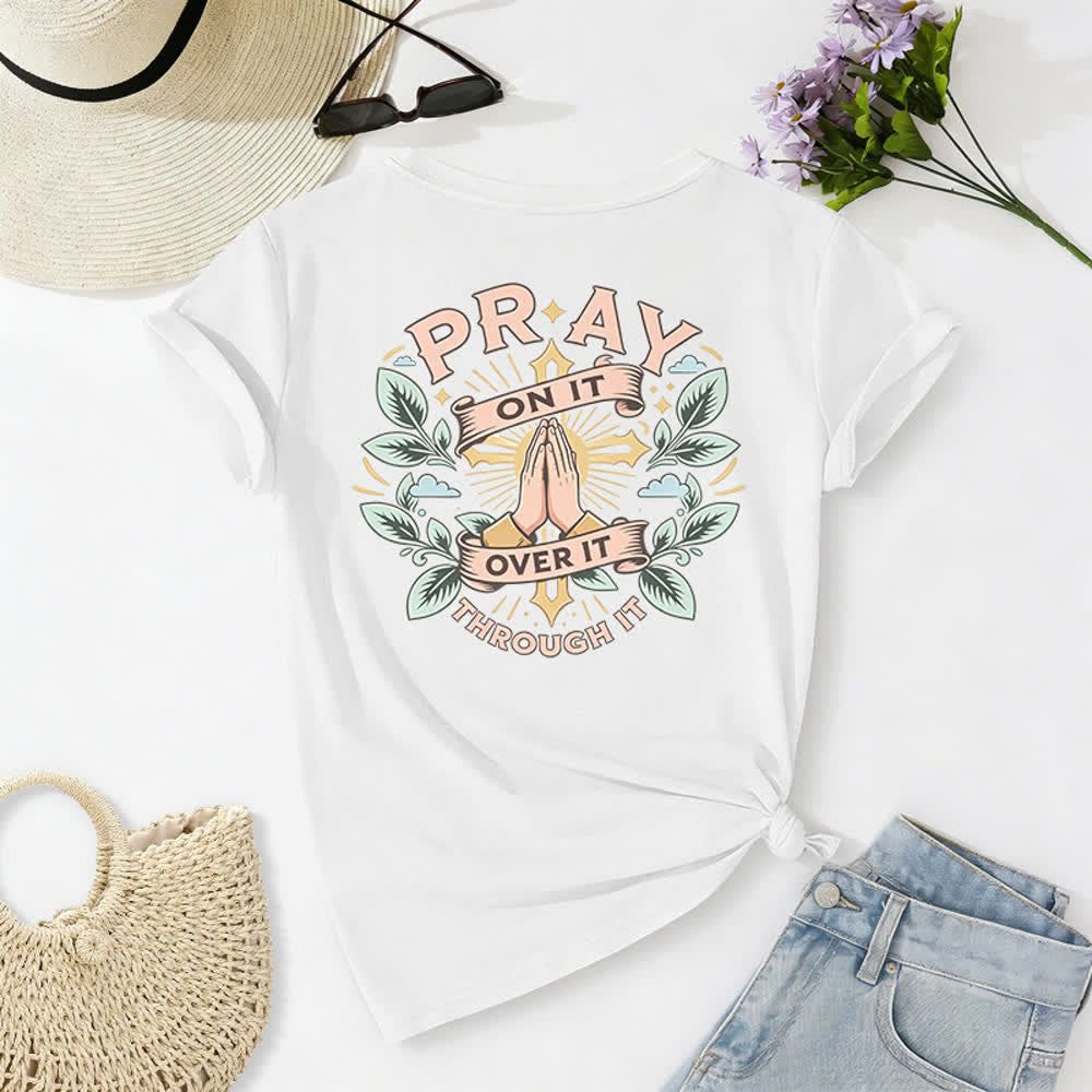 Christianartworkshop Camiseta de mujer con cuello en V y manga enrollada con nudo lateral "Pray On It" - image 7