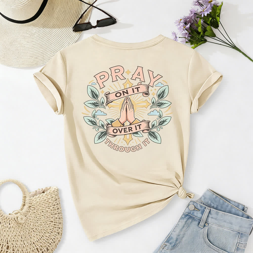 Christianartworkshop Camiseta de mujer con cuello en V y manga enrollada con nudo lateral "Pray On It" - image 13