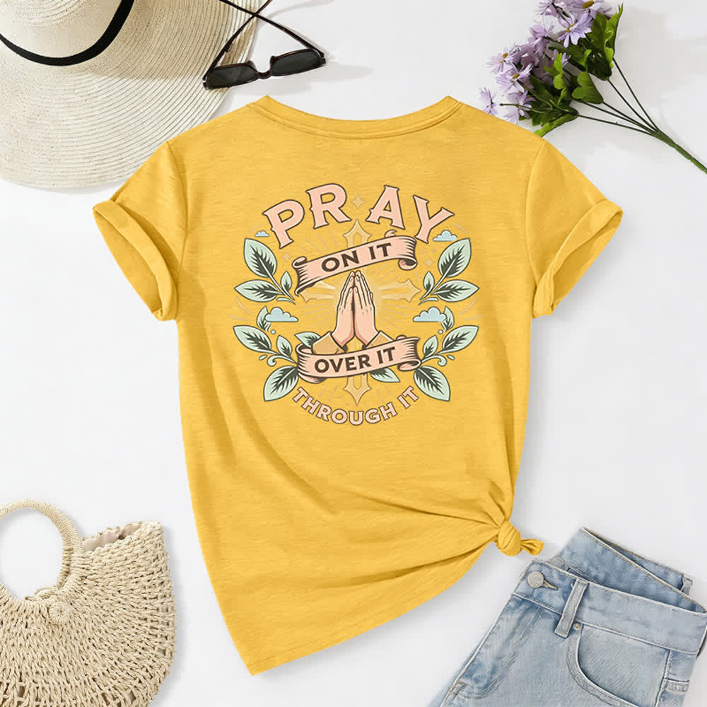 Christianartworkshop Camiseta de mujer con cuello en V y manga enrollada con nudo lateral "Pray On It" - image 43