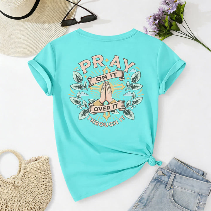 Christianartworkshop Camiseta de mujer con cuello en V y manga enrollada con nudo lateral "Pray On It" - image 19