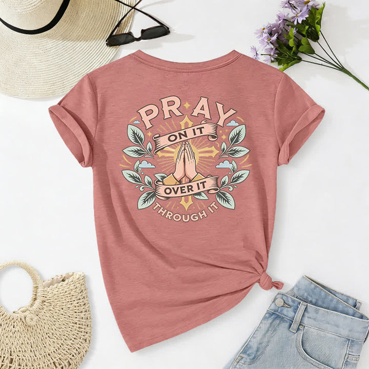 Christianartworkshop Camiseta de mujer con cuello en V y manga enrollada con nudo lateral "Pray On It" - image 25