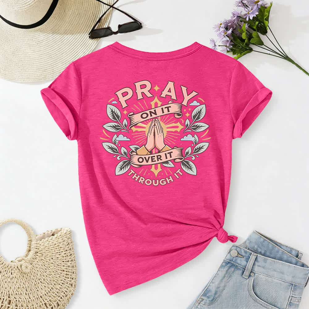 Christianartworkshop Camiseta de mujer con cuello en V y manga enrollada con nudo lateral "Pray On It" - image 73