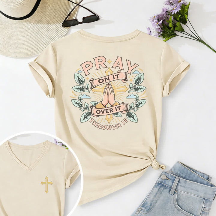 Christianartworkshop Camiseta de mujer con cuello en V y manga enrollada con nudo lateral "Pray On It" - Beige - 2XL - image 12