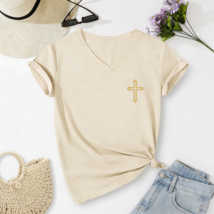 Christianartworkshop Camiseta de mujer con cuello en V y manga enrollada con nudo lateral "Pray On It" - image 14