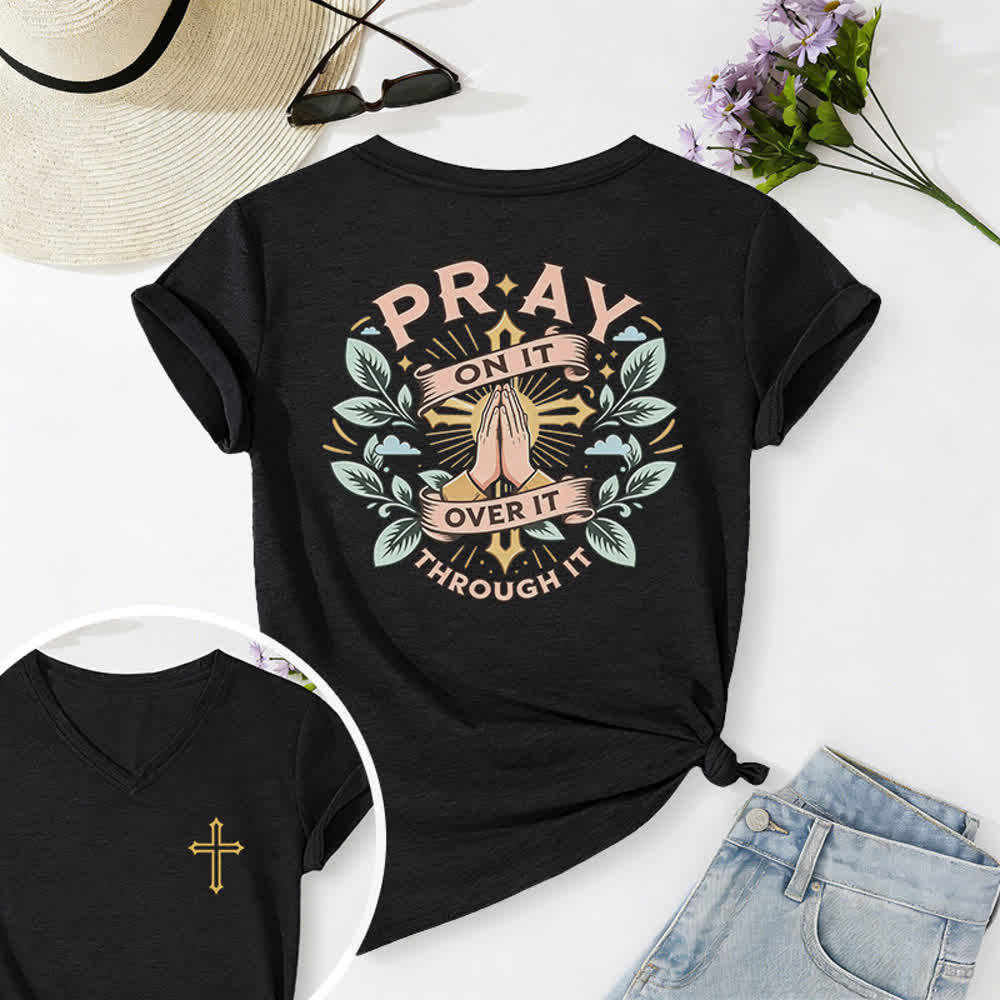 Christianartworkshop Camiseta de mujer con cuello en V y manga enrollada con nudo lateral "Pray On It" - Negro - 2XL - image 0