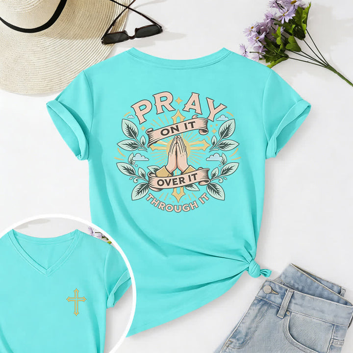 Christianartworkshop Camiseta de mujer con cuello en V y manga enrollada con nudo lateral "Pray On It" - Azul - 2XL - image 18