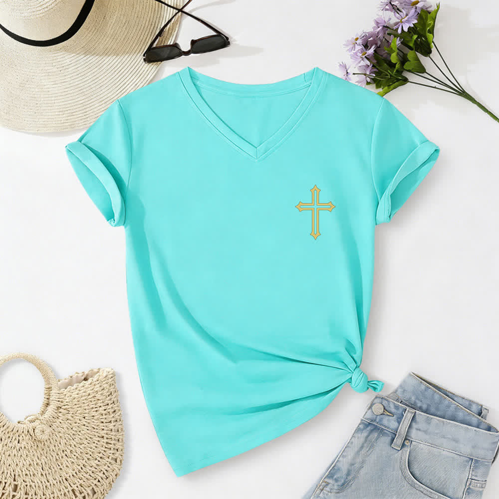Christianartworkshop Camiseta de mujer con cuello en V y manga enrollada con nudo lateral "Pray On It" - image 20