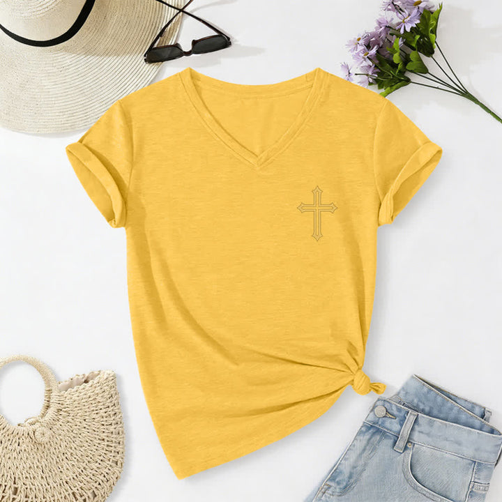 Christianartworkshop Camiseta de mujer con cuello en V y manga enrollada con nudo lateral "Pray On It" - image 44