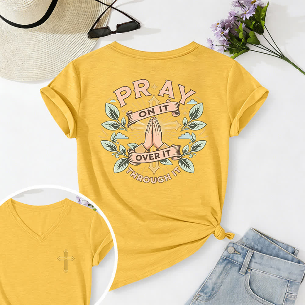 Christianartworkshop Camiseta de mujer con cuello en V y manga enrollada con nudo lateral "Pray On It" - Amarillo - 2XL - image 42