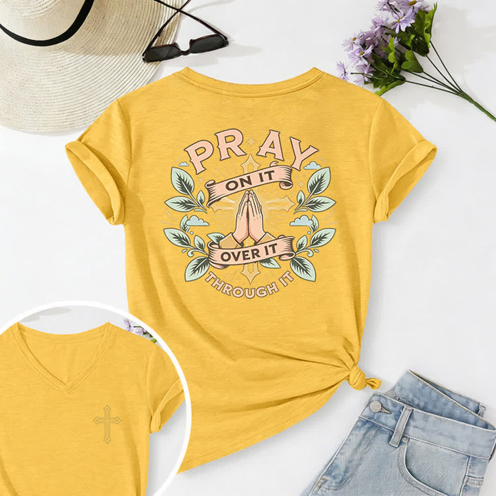 Christianartworkshop Camiseta de mujer con cuello en V y manga enrollada con nudo lateral "Pray On It" - Amarillo - 2XL - image 42