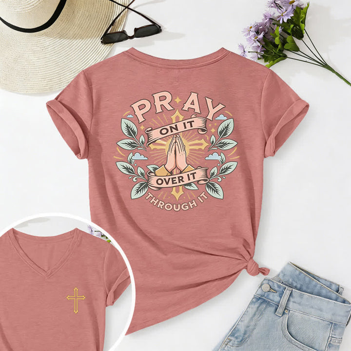Christianartworkshop Camiseta de mujer con cuello en V y manga enrollada con nudo lateral "Pray On It" - Rosa - 2XL - image 24