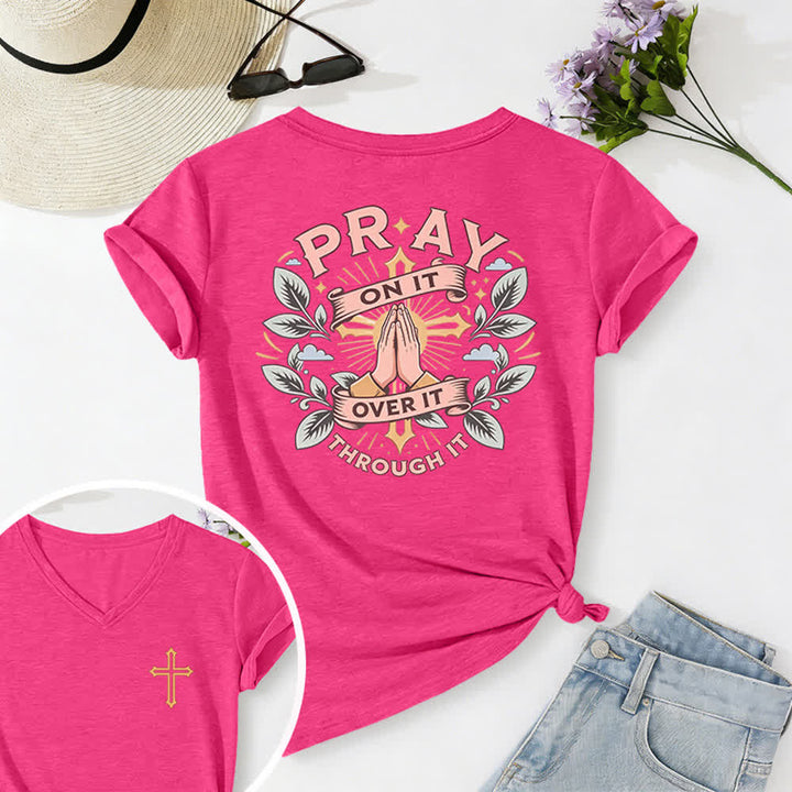 Christianartworkshop Camiseta de mujer con cuello en V y manga enrollada con nudo lateral "Pray On It" - Fucsia - 2XL - image 72