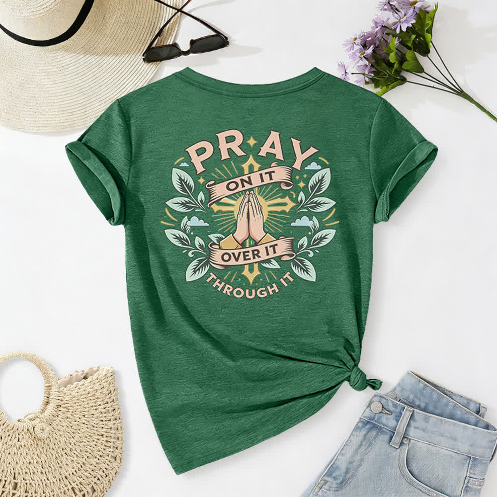 Christianartworkshop Camiseta de mujer con cuello en V y manga enrollada con nudo lateral "Pray On It" - image 49
