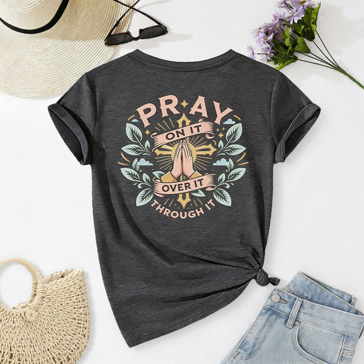 Christianartworkshop Camiseta de mujer con cuello en V y manga enrollada con nudo lateral "Pray On It" - image 31