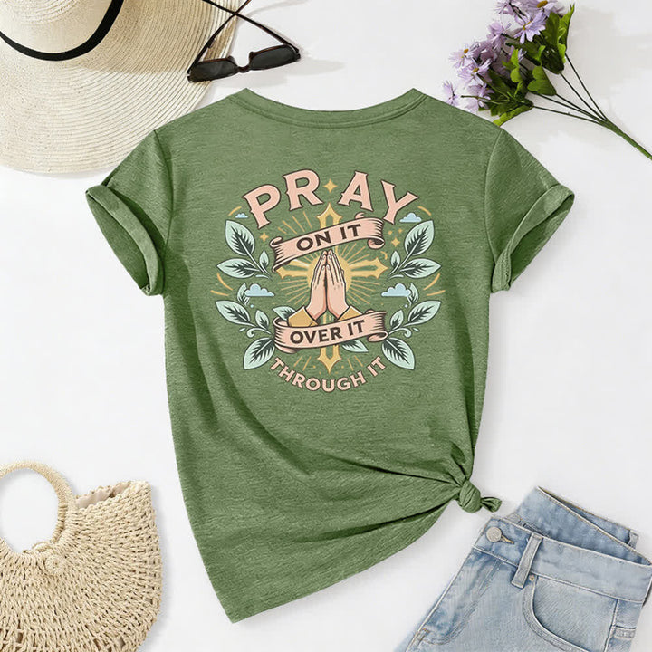 Christianartworkshop Camiseta de mujer con cuello en V y manga enrollada con nudo lateral "Pray On It" - image 61