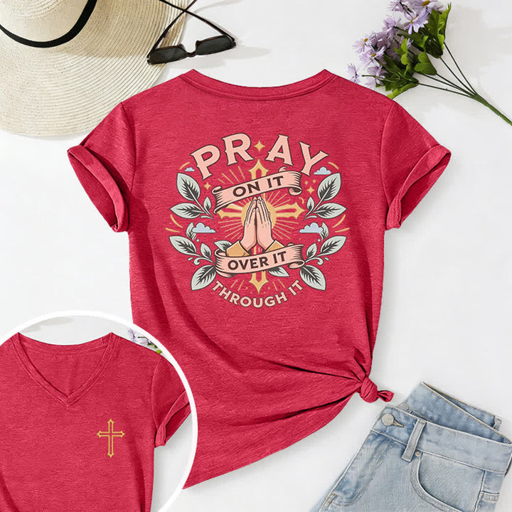 Christianartworkshop Camiseta de mujer con cuello en V y manga enrollada con nudo lateral "Pray On It" - Rojo - 2XL - image 66