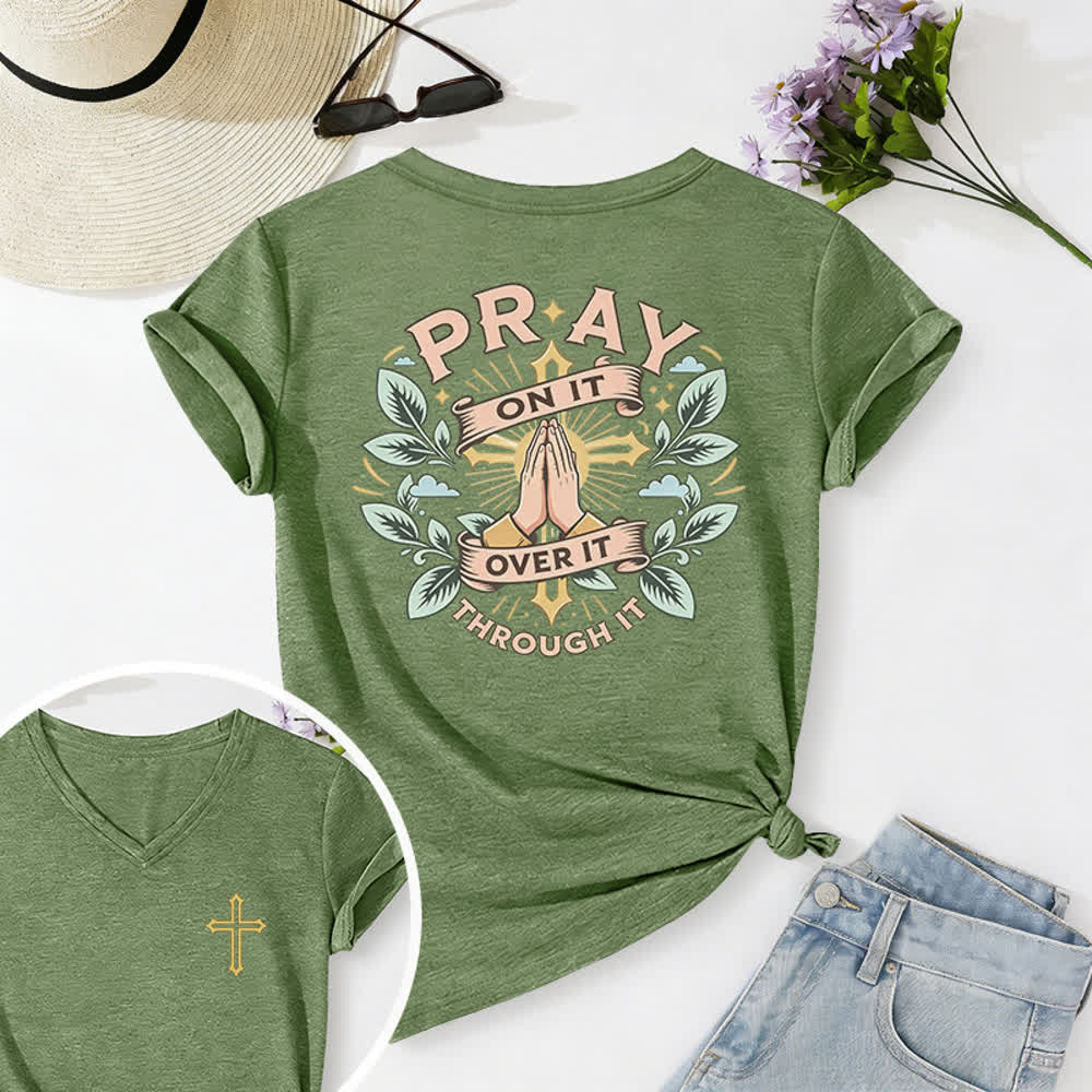 Christianartworkshop Camiseta de mujer con cuello en V y manga enrollada con nudo lateral "Pray On It" - Verde - 2XL - image 60