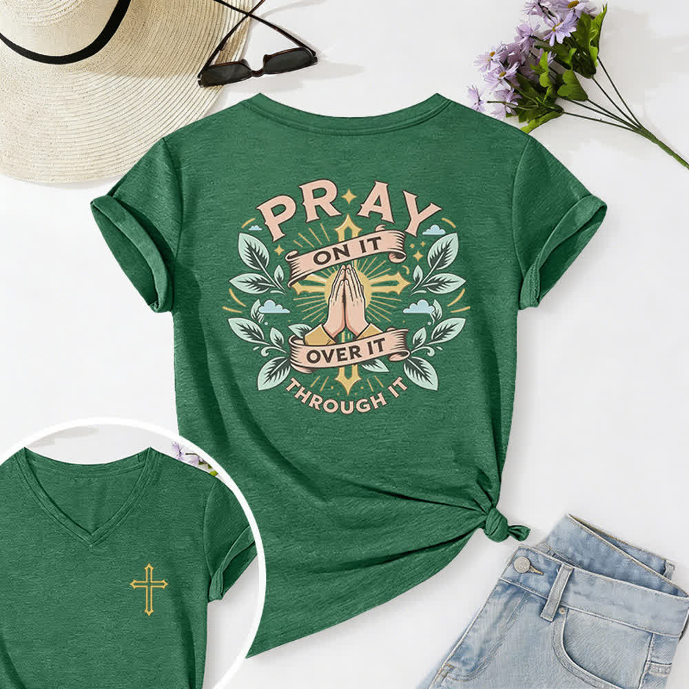 Christianartworkshop Camiseta de mujer con cuello en V y manga enrollada con nudo lateral "Pray On It" - Verde oscuro - 2XL - image 48