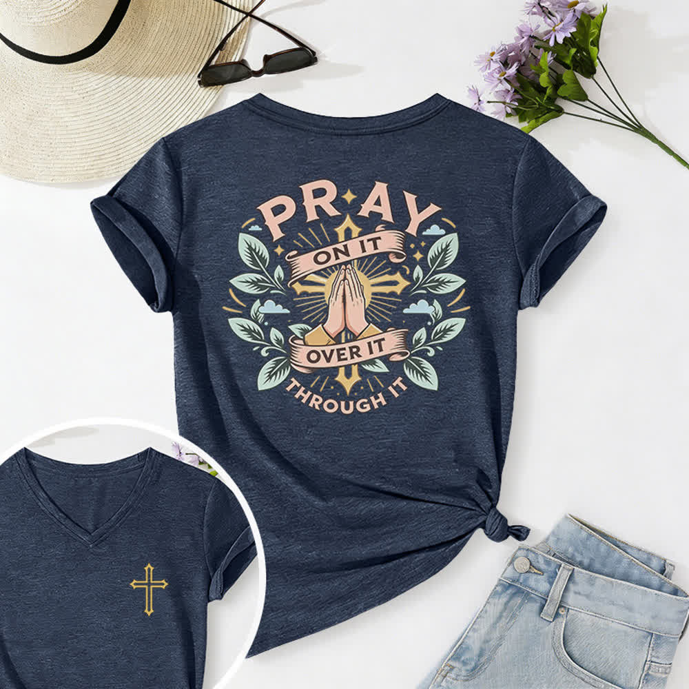 Christianartworkshop Camiseta de mujer con cuello en V y manga enrollada con nudo lateral "Pray On It" - Azul marino - 2XL - image 36