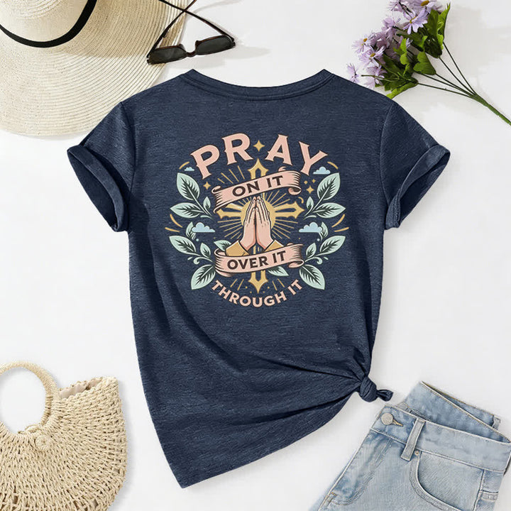 Christianartworkshop Camiseta de mujer con cuello en V y manga enrollada con nudo lateral "Pray On It" - image 37