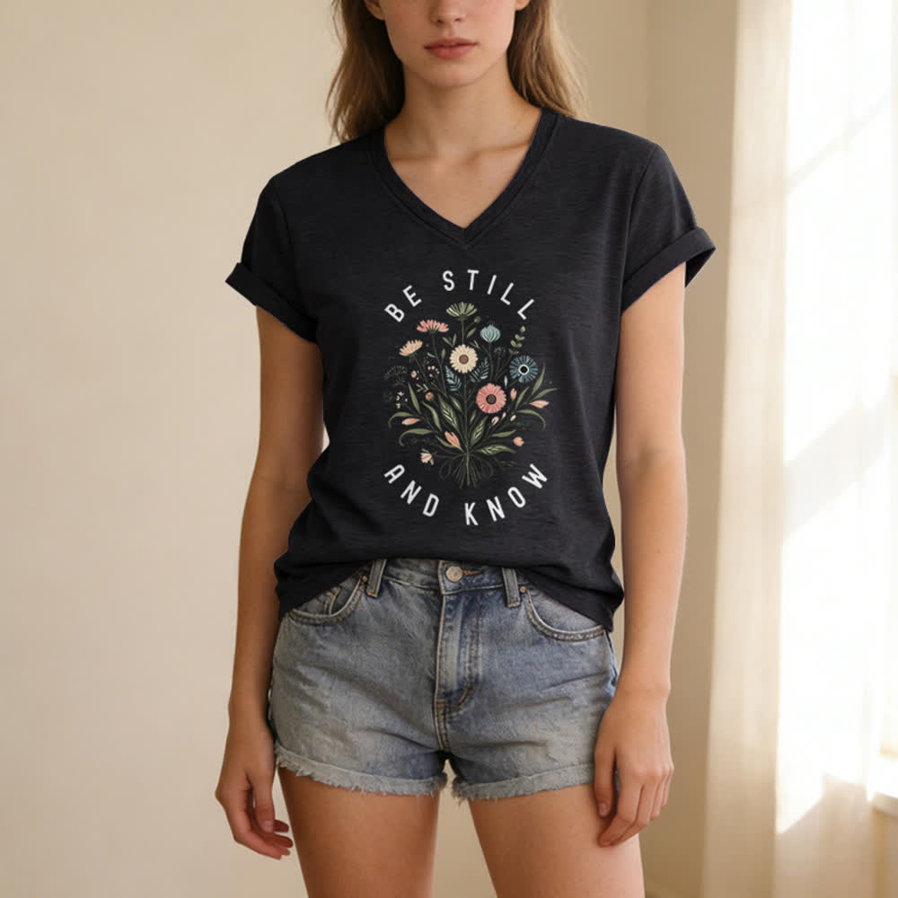 Christianartworkshop Camiseta de mujer con cuello en V y bajo con nudo floral "Be Still And Know" - image 13