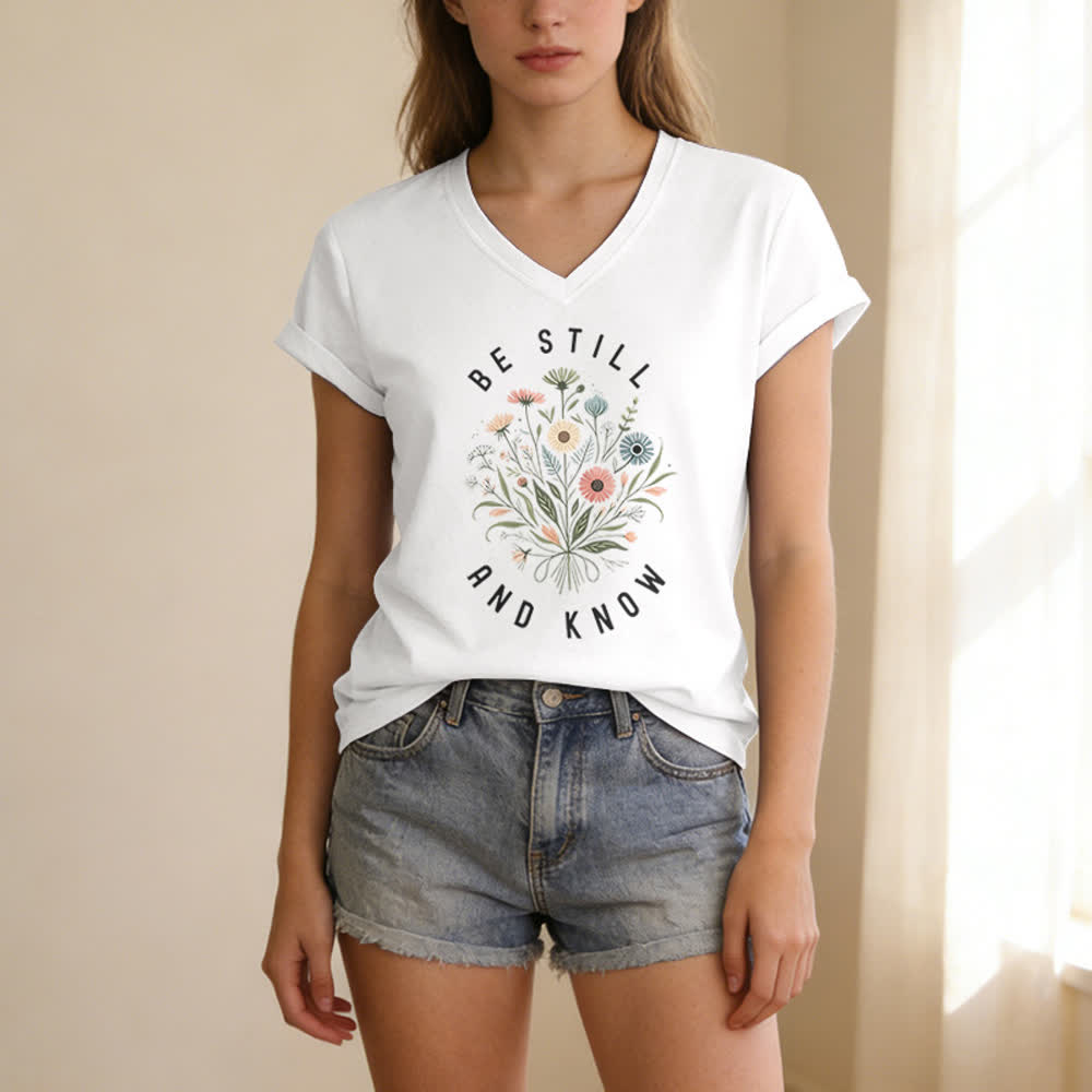Christianartworkshop Camiseta de mujer con cuello en V y bajo con nudo floral "Be Still And Know" - image 11