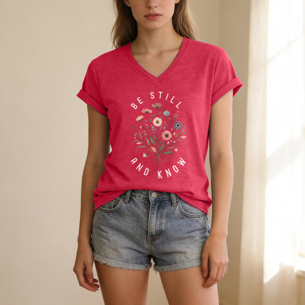 Christianartworkshop Camiseta de mujer con cuello en V y bajo con nudo floral "Be Still And Know" - image 15