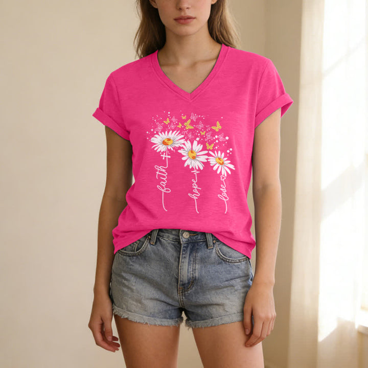 Christianartworkshop Camiseta de mujer con cuello en V y estampado de margaritas y mariposas "Fe, Esperanza, Amor" - image 13