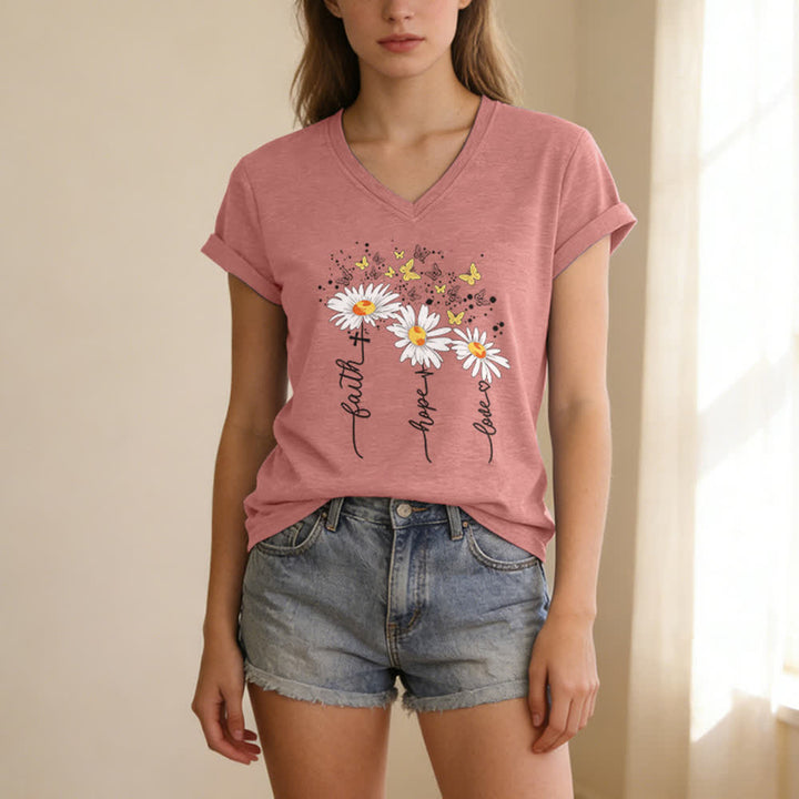 Christianartworkshop Camiseta de mujer con cuello en V y estampado de margaritas y mariposas "Fe, Esperanza, Amor" - image 19