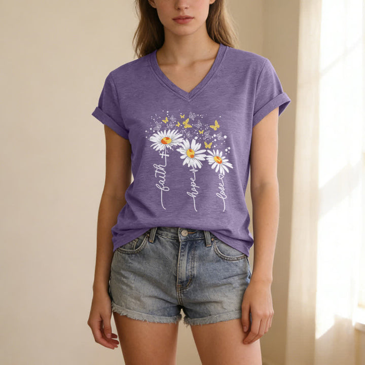 Christianartworkshop Camiseta de mujer con cuello en V y estampado de margaritas y mariposas "Fe, Esperanza, Amor" - image 15