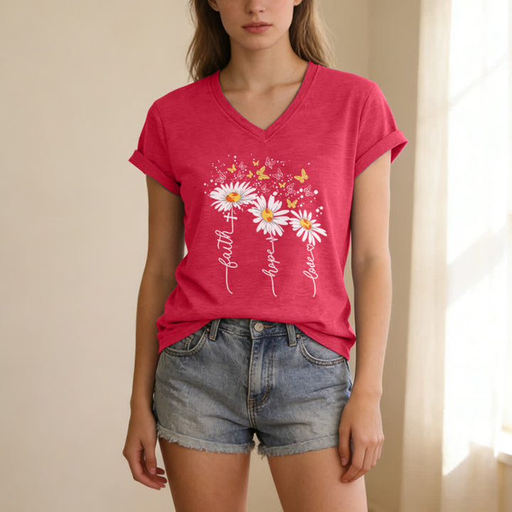 Christianartworkshop Camiseta de mujer con cuello en V y estampado de margaritas y mariposas "Fe, Esperanza, Amor" - Rosa - 2XL - image 9
