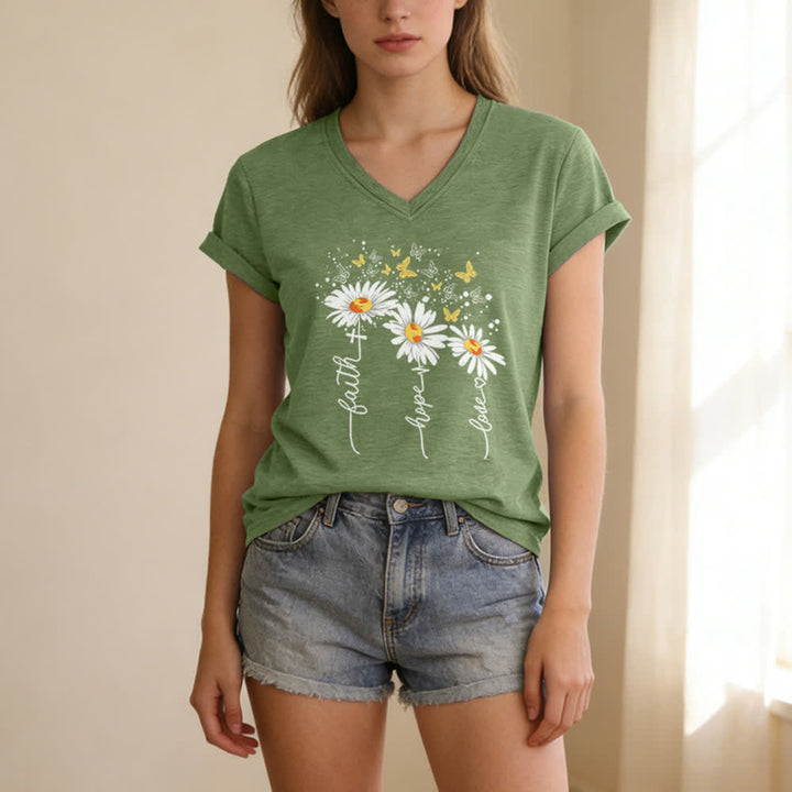 Christianartworkshop Camiseta de mujer con cuello en V y estampado de margaritas y mariposas "Fe, Esperanza, Amor" - image 25