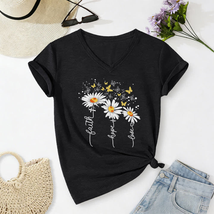 Christianartworkshop Camiseta de mujer con cuello en V y estampado de margaritas y mariposas "Fe, Esperanza, Amor" - Negro - 2XL - image 6