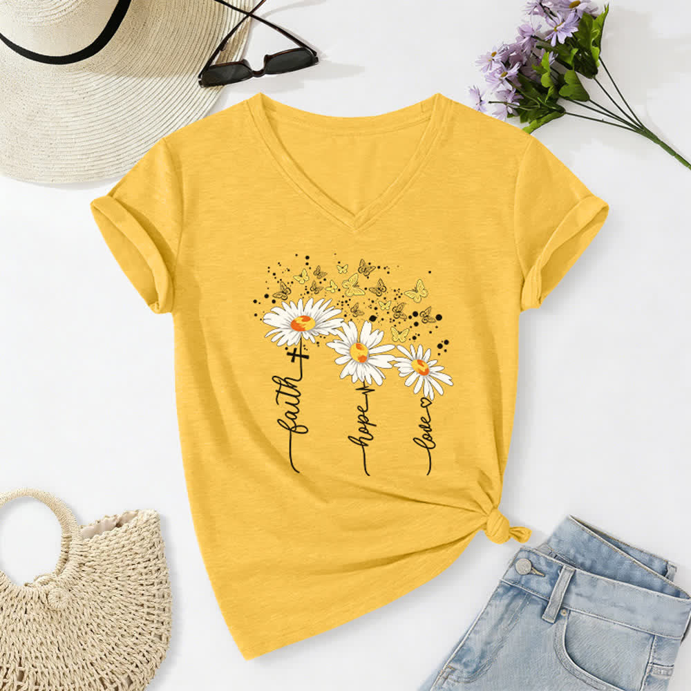 Christianartworkshop Camiseta de mujer con cuello en V y estampado de margaritas y mariposas "Fe, Esperanza, Amor" - Amarillo - 2XL - image 20