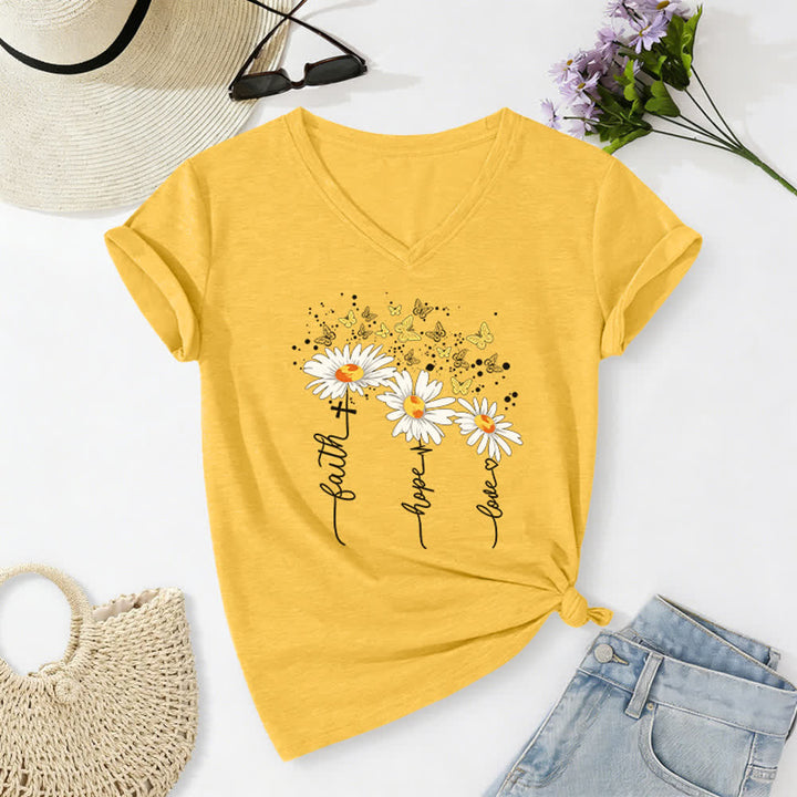Christianartworkshop Camiseta de mujer con cuello en V y estampado de margaritas y mariposas "Fe, Esperanza, Amor" - Amarillo - 2XL - image 20