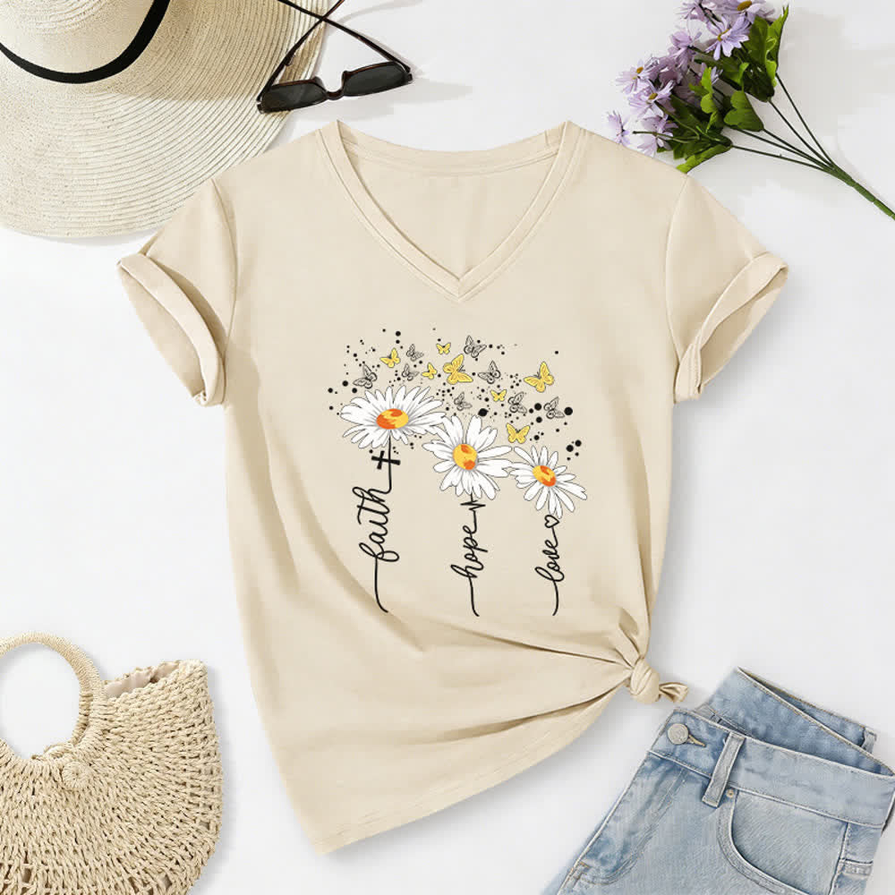 Christianartworkshop Camiseta de mujer con cuello en V y estampado de margaritas y mariposas "Fe, Esperanza, Amor" - Beige - 2XL - image 16