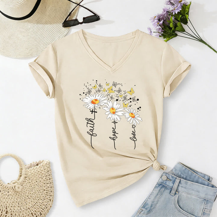 Christianartworkshop Camiseta de mujer con cuello en V y estampado de margaritas y mariposas "Fe, Esperanza, Amor" - Beige - 2XL - image 16